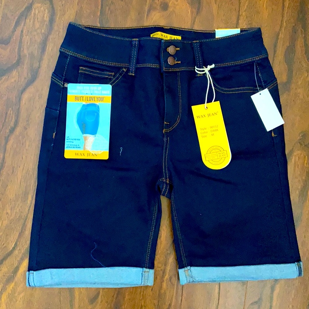 Stitches dark blue denim high rise push up Bermuda shorts in size M